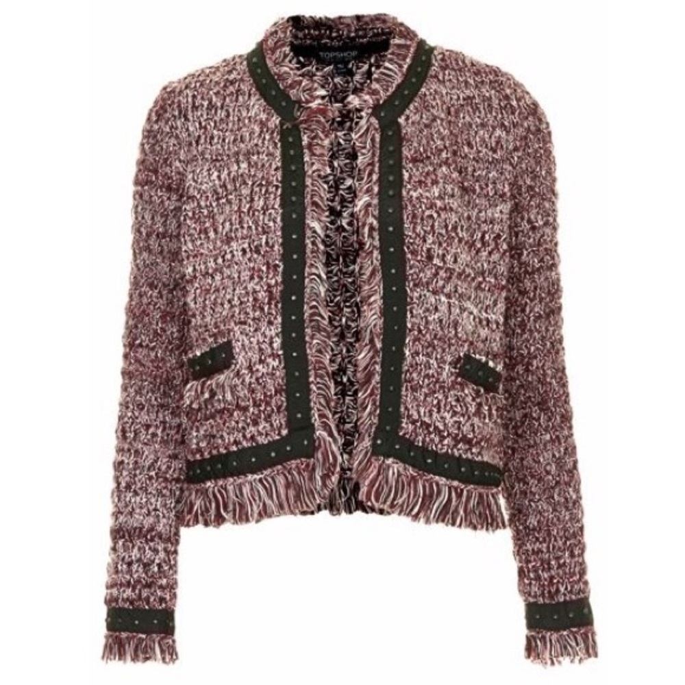 TOPSHOP burgundy blk Tweed Fringe sweater jacket 4